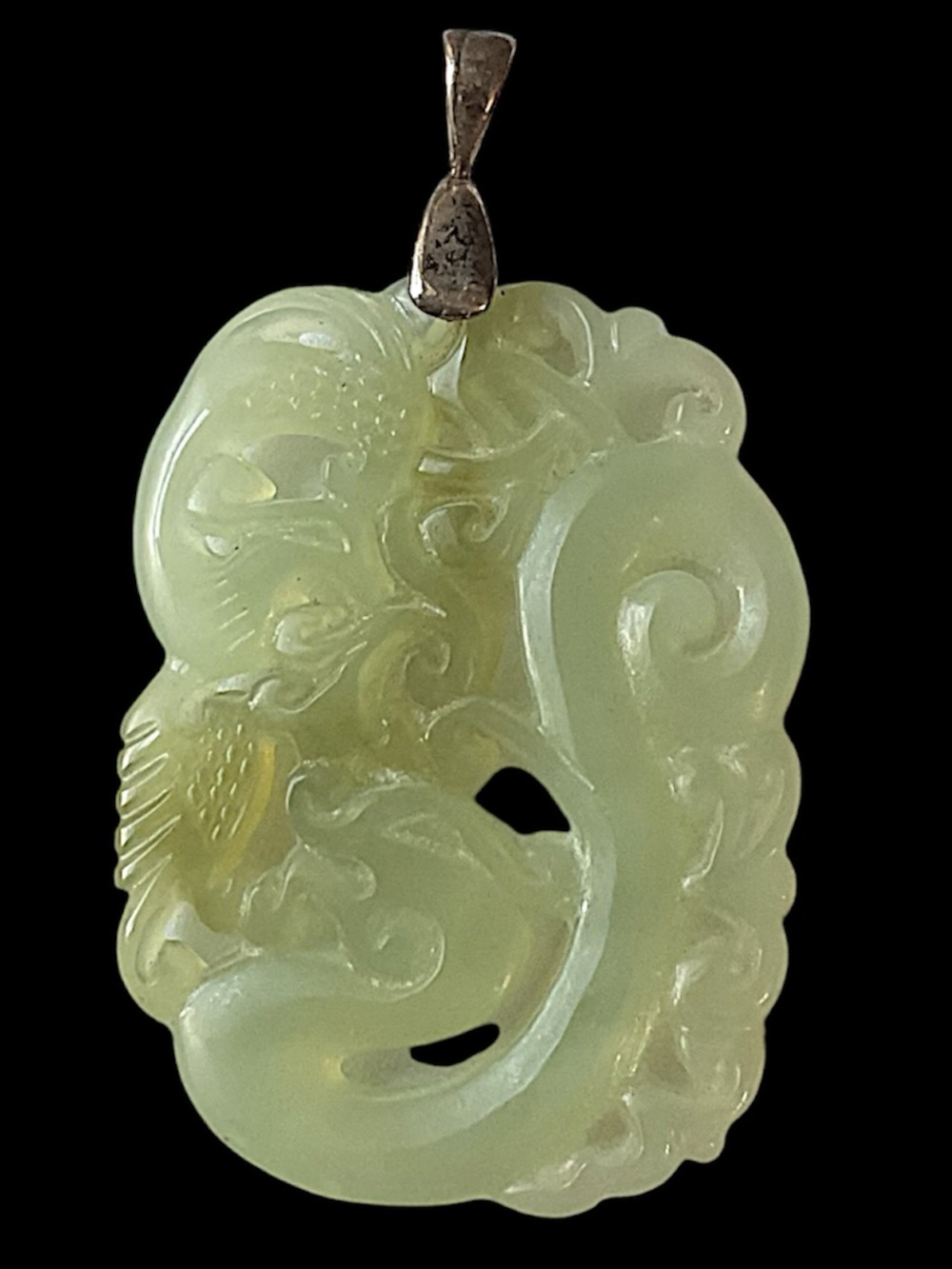 Vintage Sterling Silver Nephrite Jade Asian Carved Double Sided Pendant